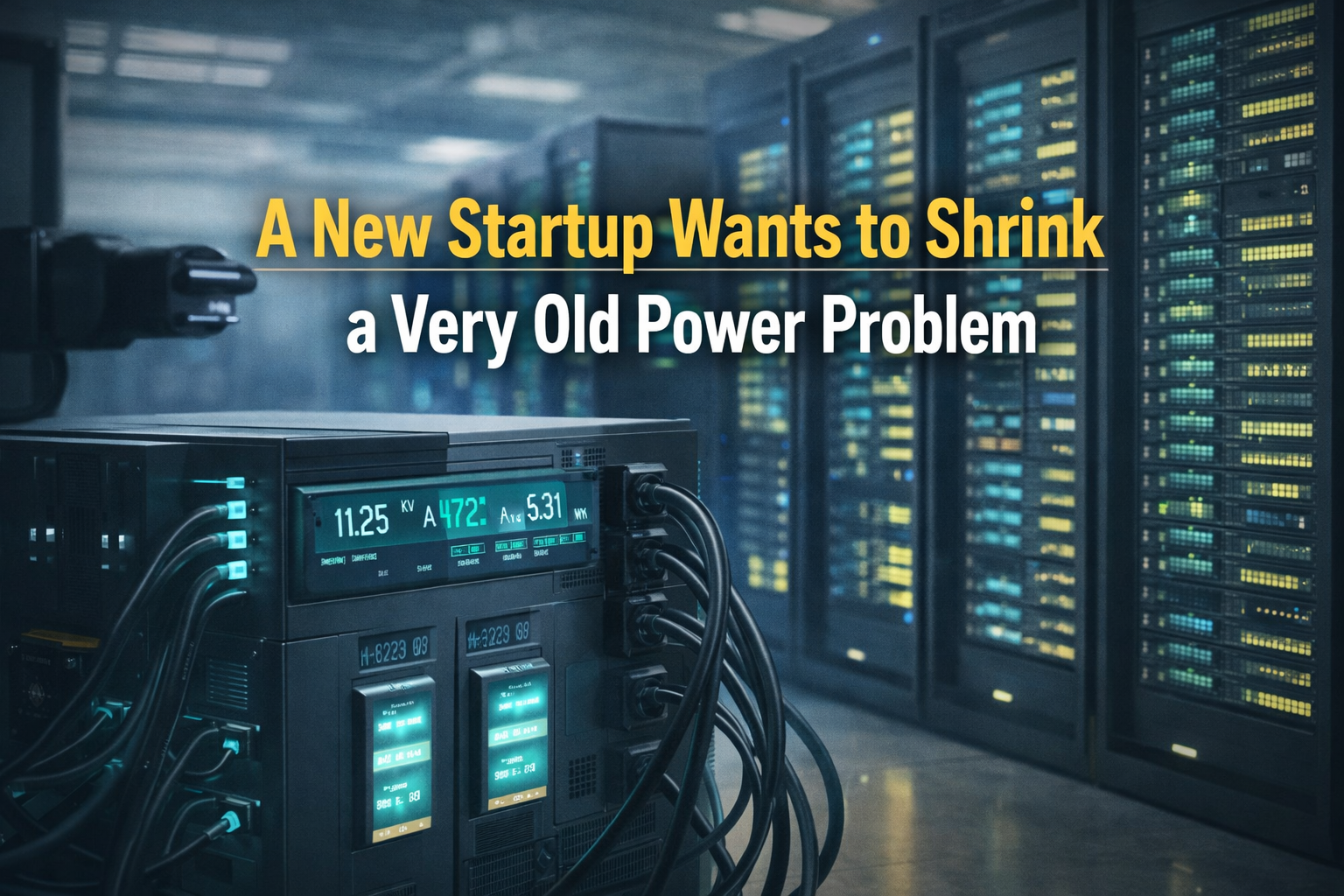 Wide banner showing advanced power infrastructure and AI data center technology for a solid-state transformer startup.