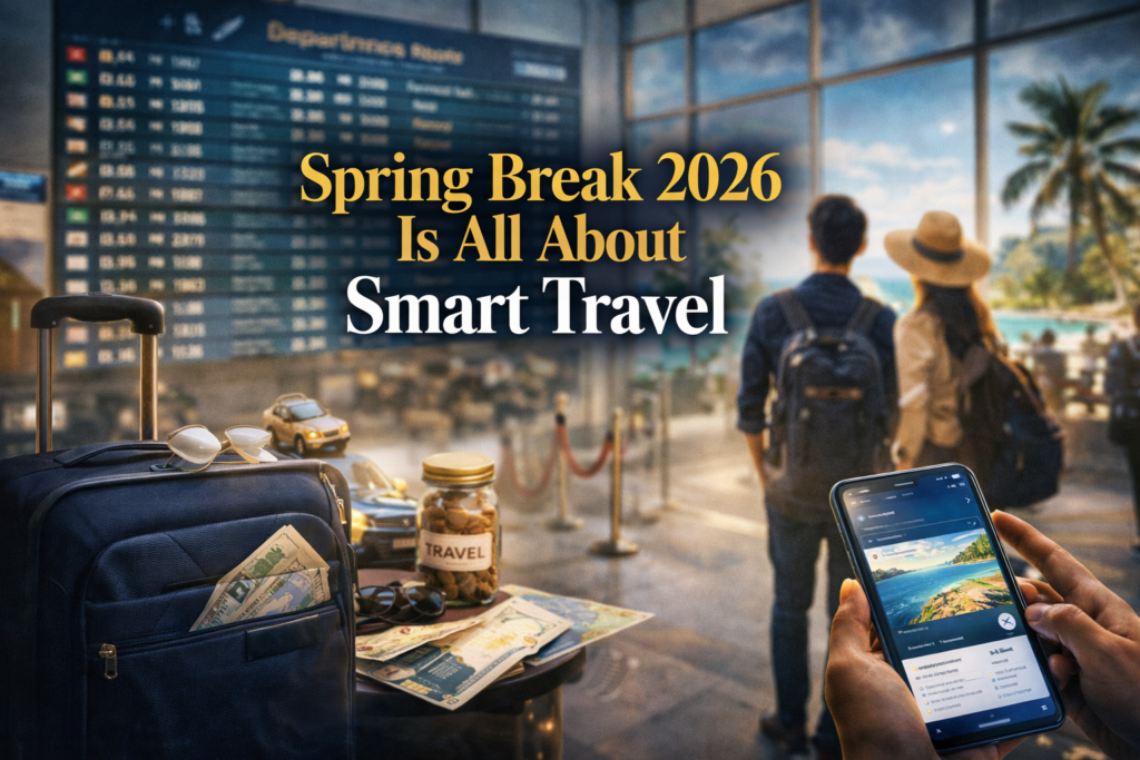 Wide banner for spring break 2026 trends report, featuring smart travel visuals like airport scenes, luggage, tropical vacation hints, and modern trip-planning energy.
