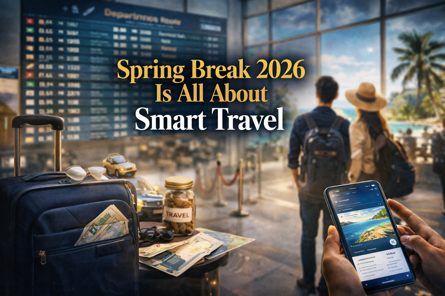 Wide banner for spring break 2026 trends report, featuring smart travel visuals like airport scenes, luggage, tropical vacation hints, and modern trip-planning energy.