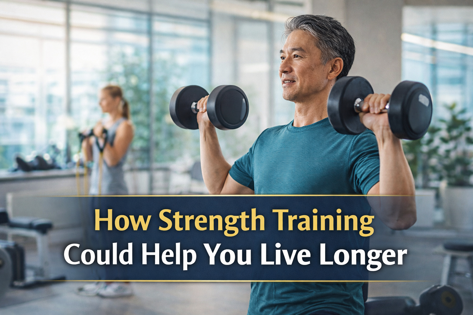 Wide banner illustrating strength training longevity with a practical workout scene focused on healthy aging and long-term wellness.