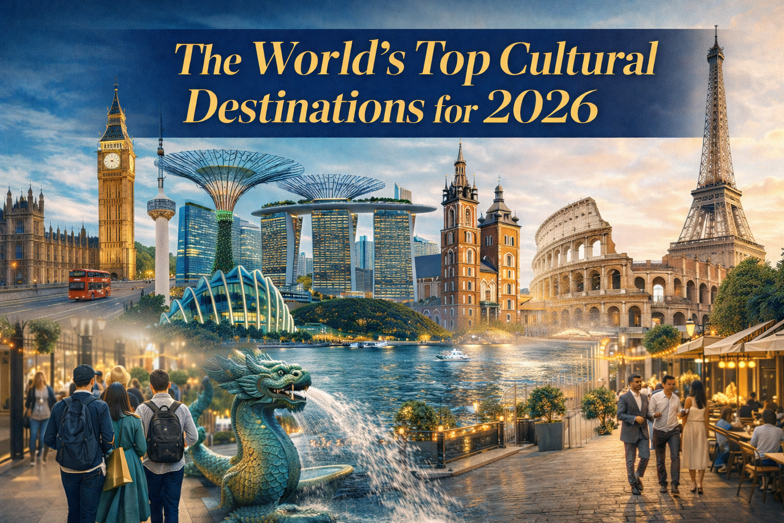 Wide travel banner for top cultural destinations 2026 featuring iconic city landmarks and a refined global cultural travel theme.