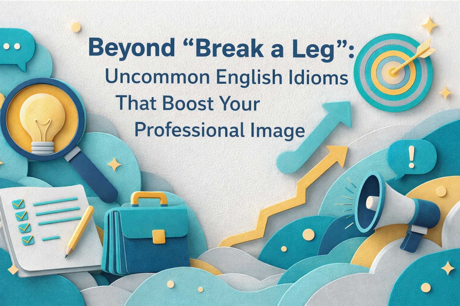 3D paper cut art banner in navy blue, soft gold, teal, and light gray showing business icons (lightbulb, checklist, briefcase, target, megaphone) with the title “Beyond ‘Break a Leg’: Uncommon English Idioms That Boost Your Professional Image” — uncommon English idioms for professionals.