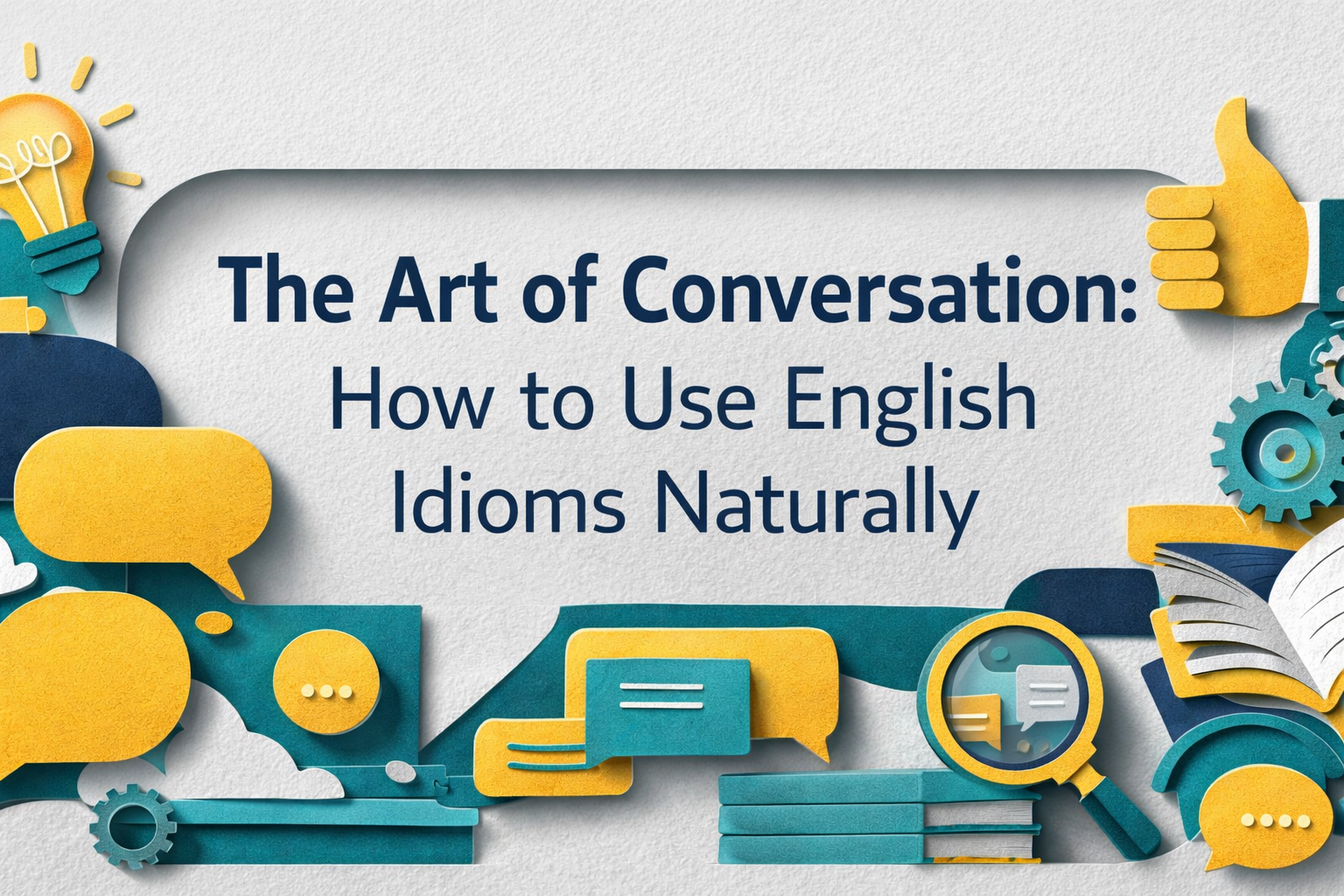 Wide 3D paper-cut banner for “The Art of Conversation: How to Use English Idioms Naturally,” using English idioms naturally as the focus, with navy blue text, soft gold and teal conversation icons, and a light gray background