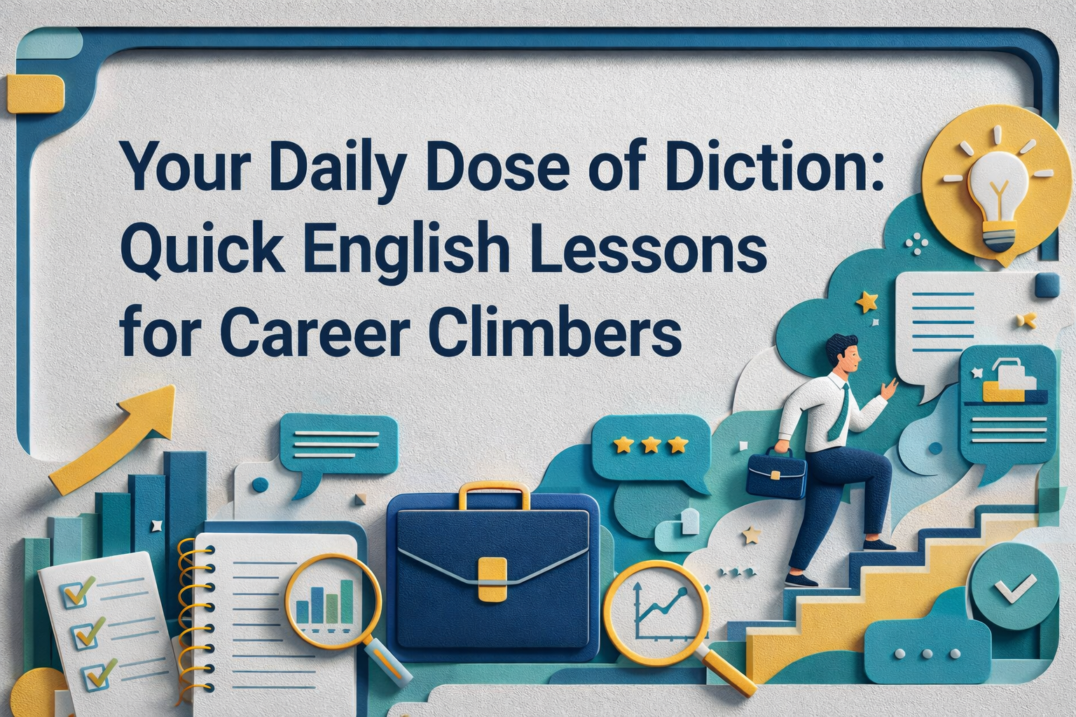 Wide banner for work vocabulary tips, featuring a 3D paper cut business scene with a professional climbing stairs, charts, speech bubbles, and career-growth visuals in navy blue, soft gold, teal, and light gray.