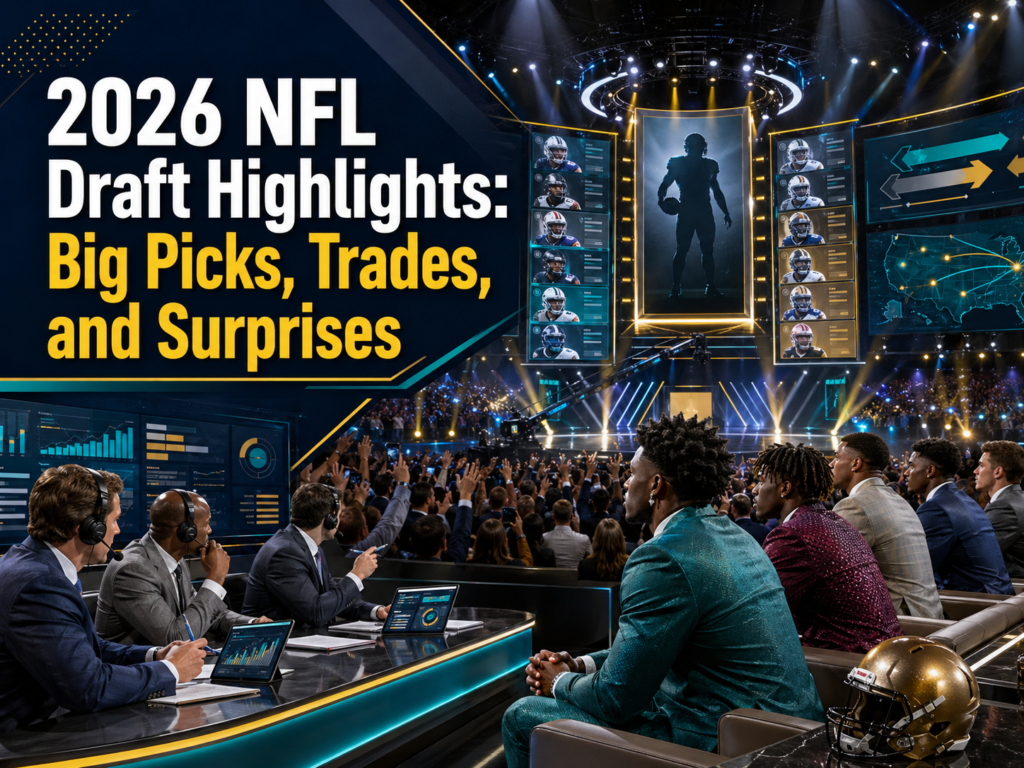 Wide sports news banner for 2026 NFL Draft highlights, showing draft picks, trades, fans, analysts, and football prospects on a professional stage.