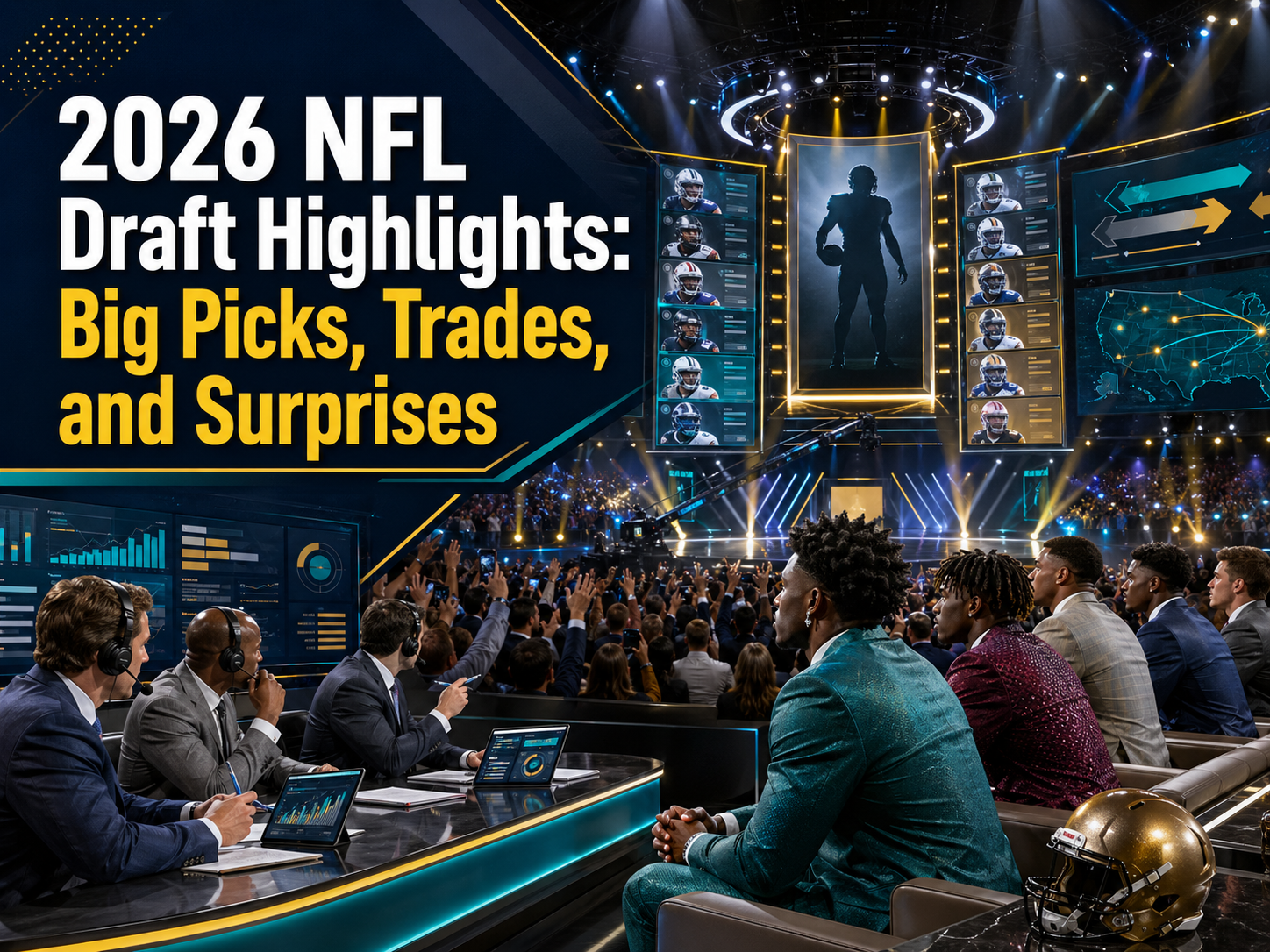 Wide sports news banner for 2026 NFL Draft highlights, showing draft picks, trades, fans, analysts, and football prospects on a professional stage.