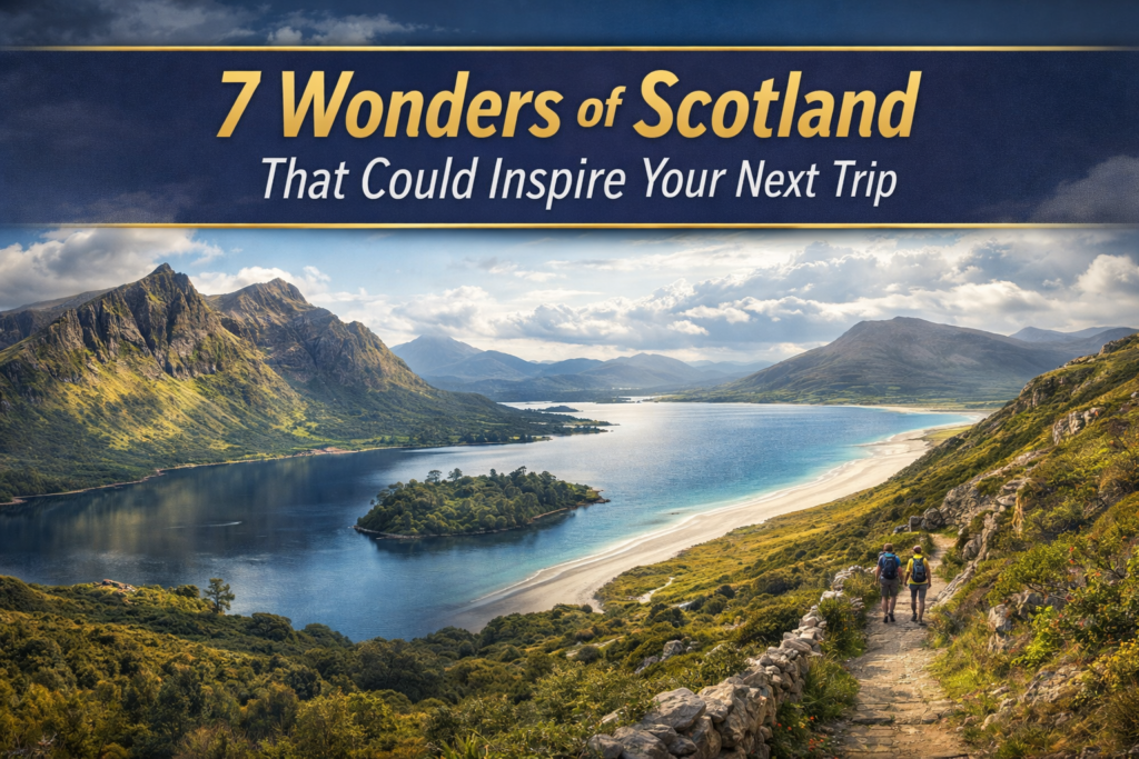 Wide travel banner featuring the 7 Wonders of Scotland with dramatic mountains, coastal scenery, lochs, and a dream-trip atmosphere.