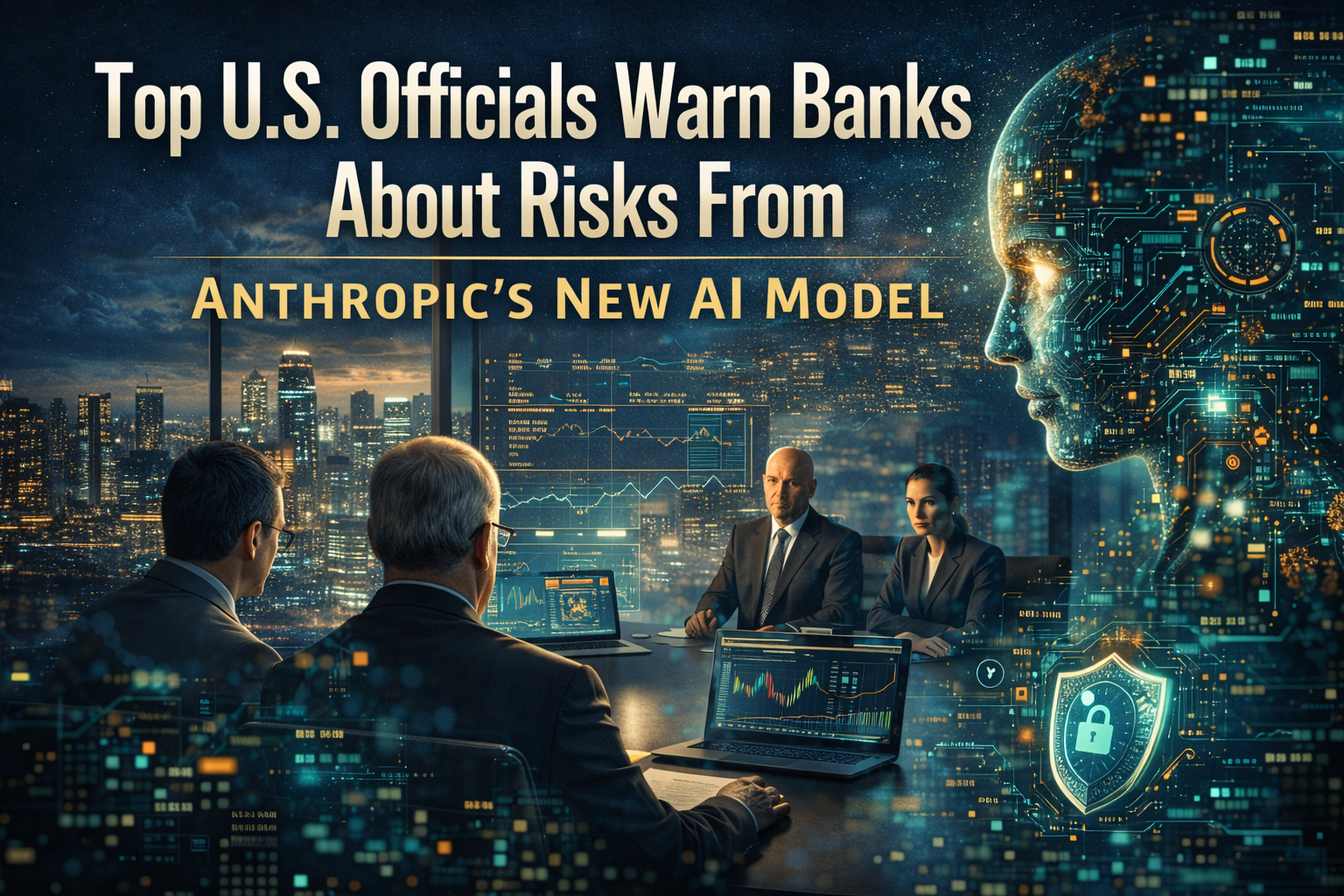 Wide business technology banner illustrating Anthropic model risks with banking executives, cybersecurity visuals, and AI-driven financial threat imagery.