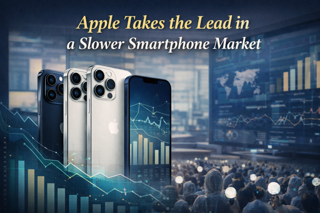 Wide tech business banner showing Apple smartphone shipments leading the market, with premium smartphone visuals and subtle global tech analytics.