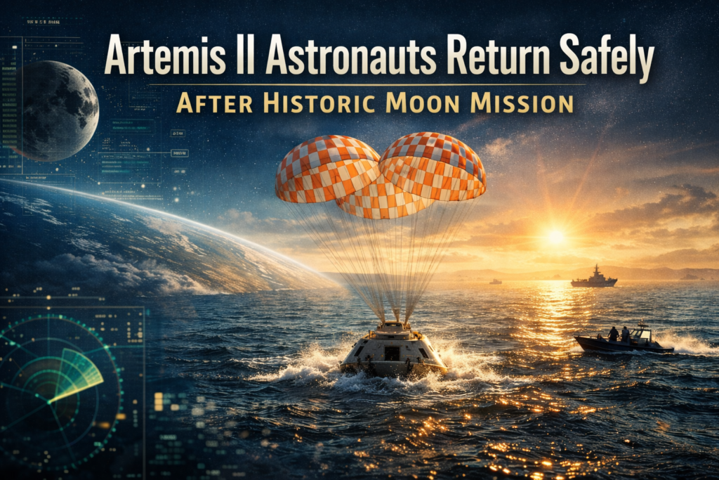 Wide science news banner showing Artemis II astronauts return safely to Earth with the Orion capsule splashing down after a historic moon mission.