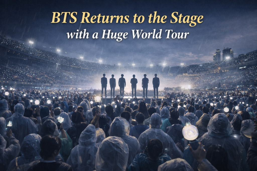 Wide entertainment banner for the BTS world tour, showing a large stadium comeback concert scene in South Korea with global fan excitement.