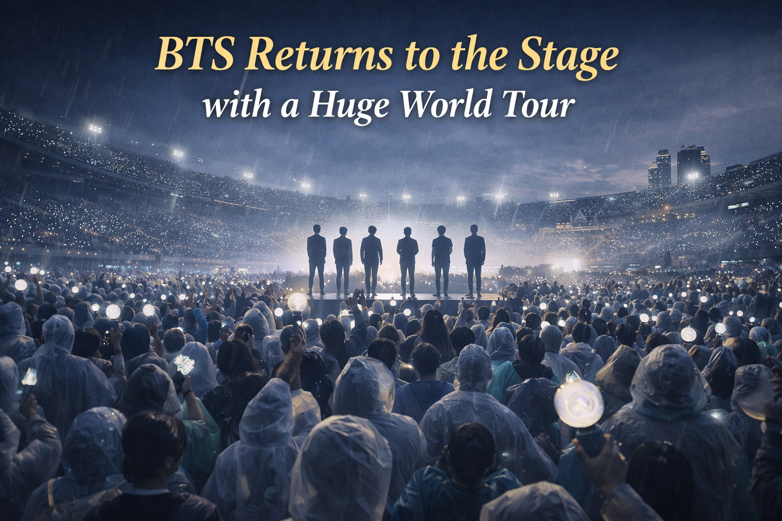 Wide entertainment banner for the BTS world tour, showing a large stadium comeback concert scene in South Korea with global fan excitement.