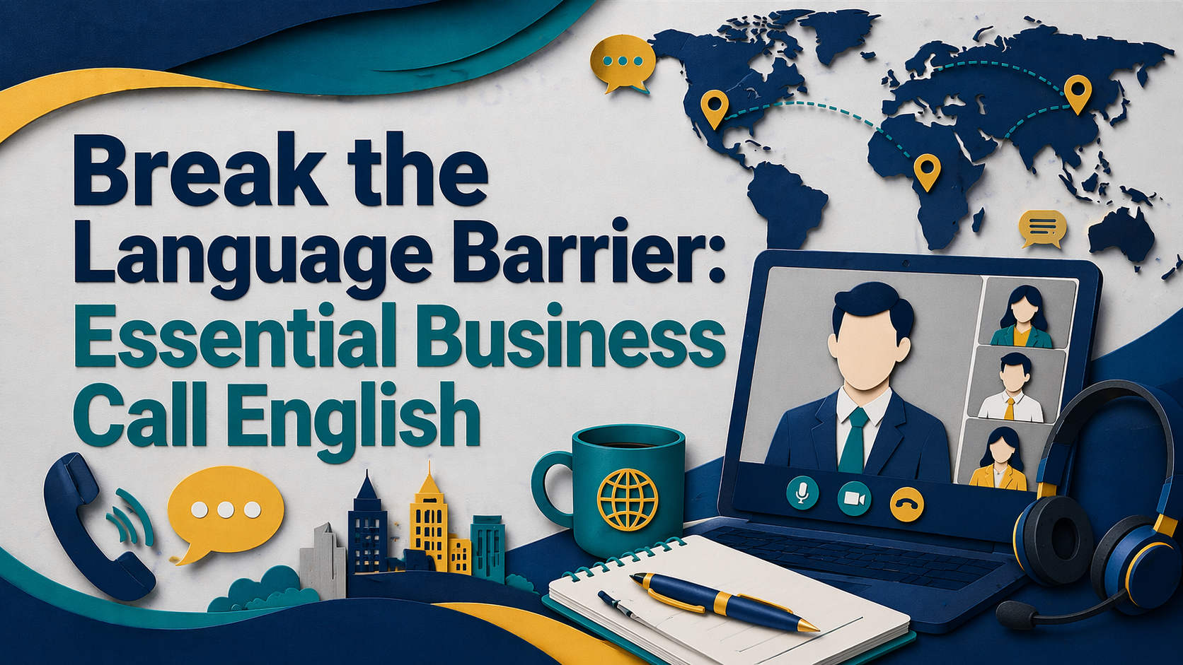 16:9 banner for business call English, showing a 3D paper cut scene with a global video call, laptop, headset, world map, and business communication icons in navy blue, soft gold, teal, and light gray.