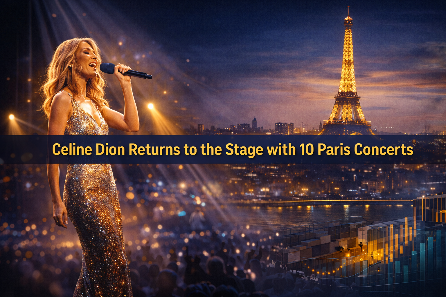 Wide banner illustrating the Celine Dion comeback with an elegant Paris concert stage, dramatic lighting, and a triumphant return atmosphere.
