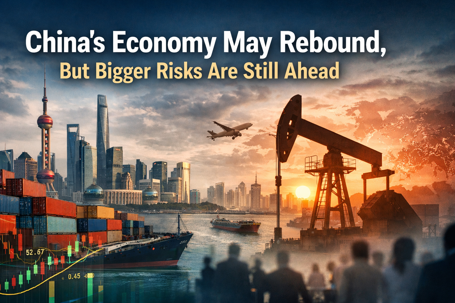 Wide business news banner illustrating China GDP growth rebound with a modern China skyline, export visuals, and economic risk imagery.