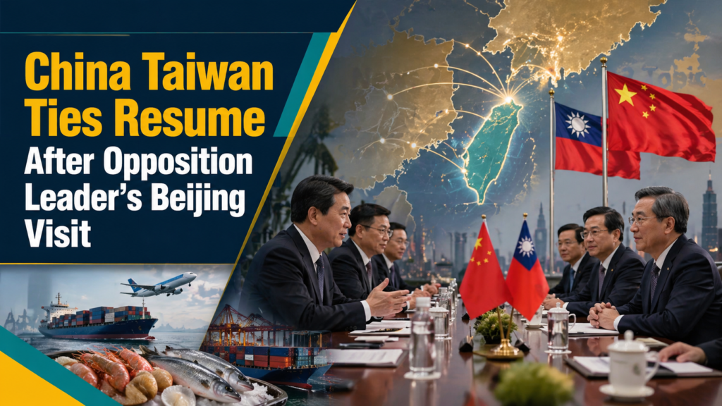 Wide business-news banner for China-Taiwan ties resume, showing China and Taiwan diplomacy, trade, travel, and cross-strait relations after an opposition leader’s Beijing visit.