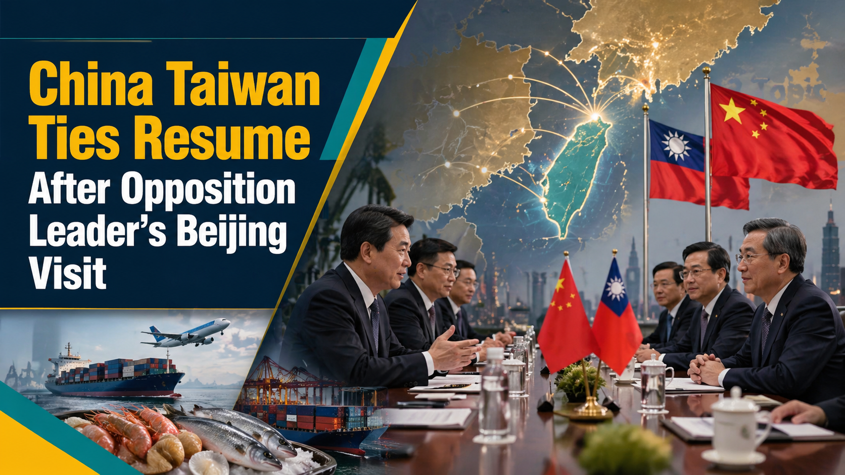 Wide business-news banner for China-Taiwan ties resume, showing China and Taiwan diplomacy, trade, travel, and cross-strait relations after an opposition leader’s Beijing visit.