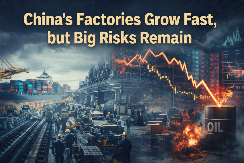 Wide banner showing China factory growth with modern industrial production, shipping activity, and global economic risks in a polished business editorial style.