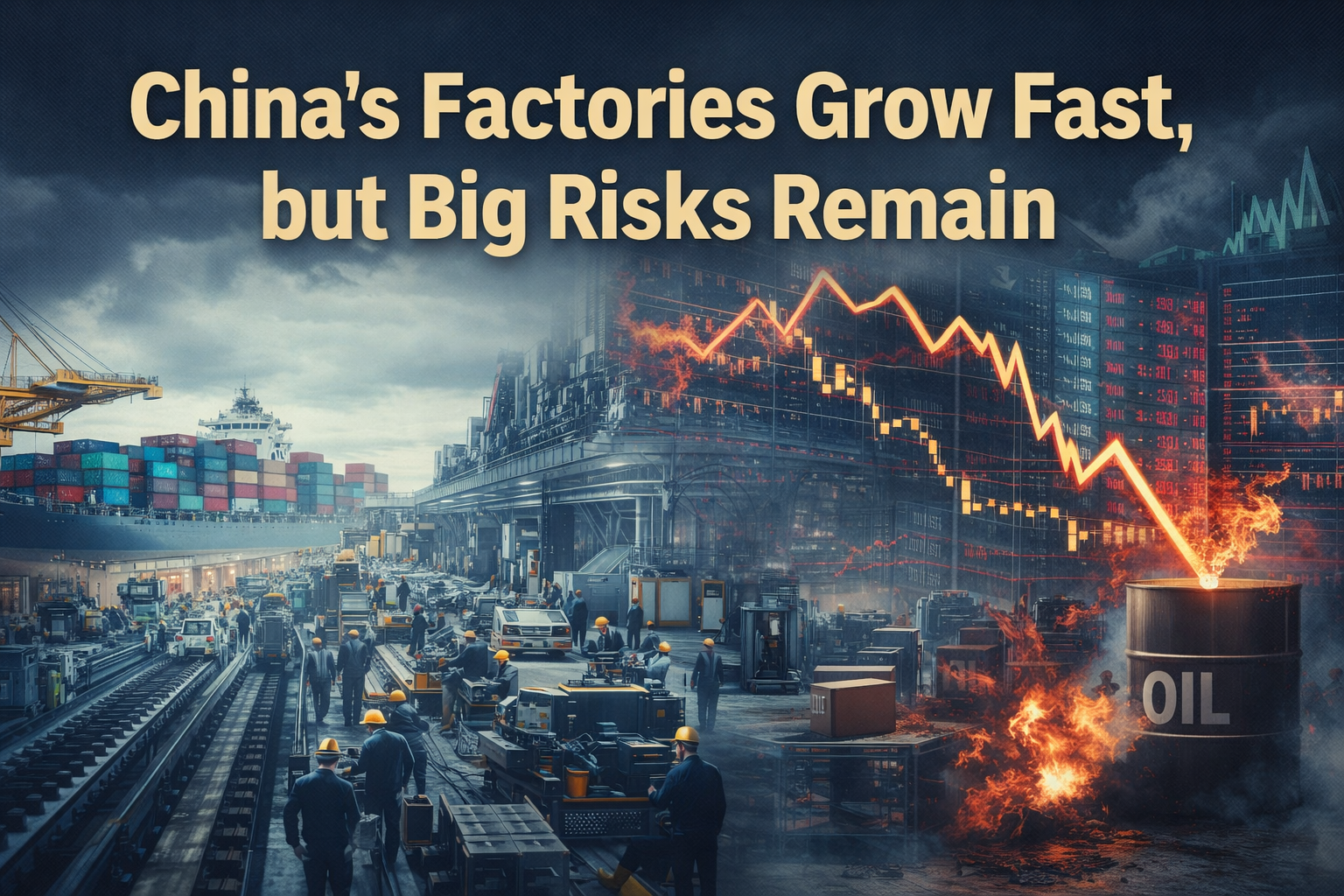 Wide banner showing China factory growth with modern industrial production, shipping activity, and global economic risks in a polished business editorial style.