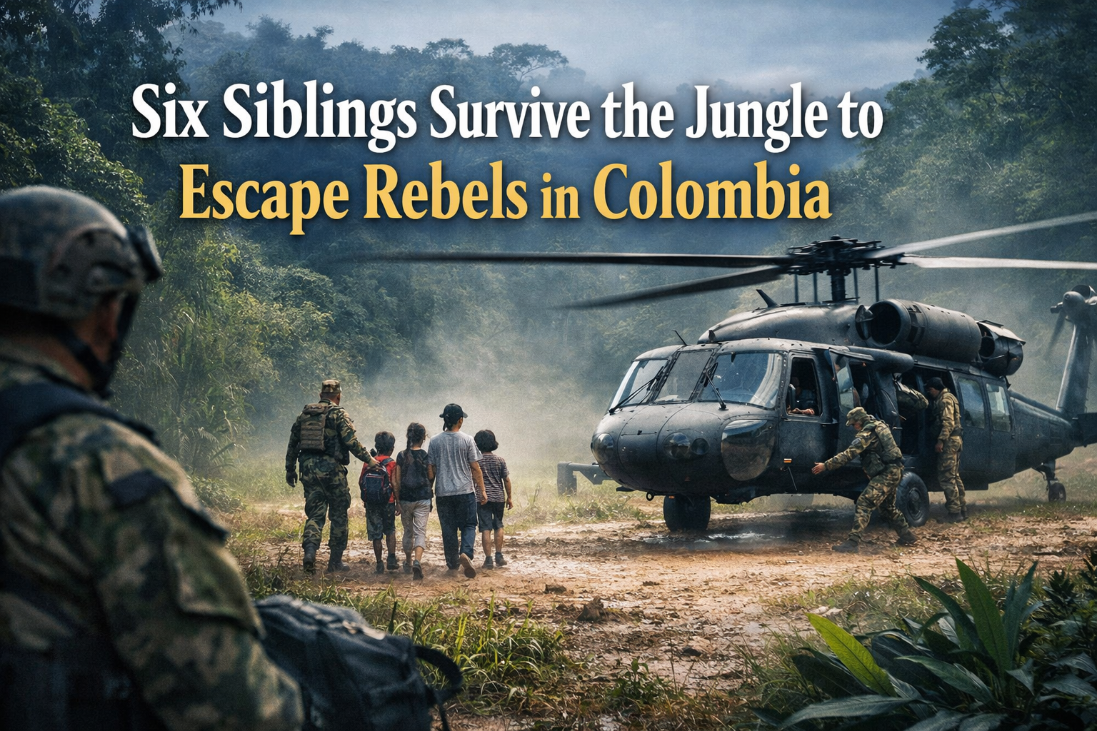 Wide news banner showing the Colombia siblings escape rebels story with a dramatic rainforest rescue scene in rural Colombia.
