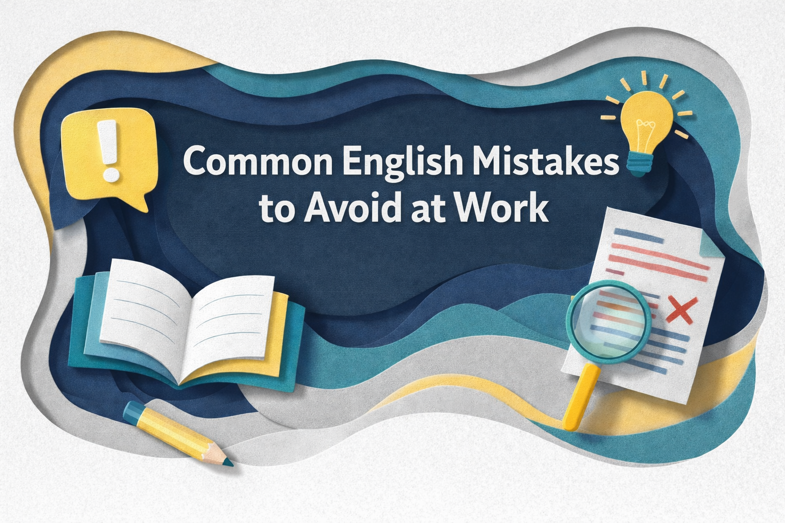 Wide 3D paper cut banner for common English mistakes showing the title “Common English Mistakes to Avoid at Work” with workplace learning visuals, including an open book, marked paper, magnifying glass, pencil, and idea icon in navy, gold, teal, and light gray.