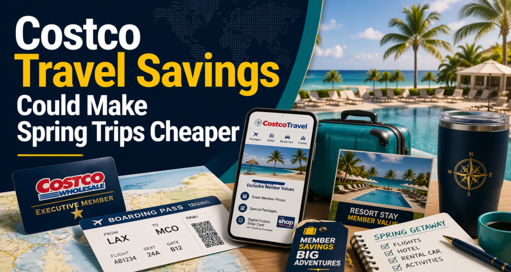 Wide travel editorial banner for Costco travel savings, showing spring trip planning, luggage, hotel and rental car visuals, and smart budget travel cues.