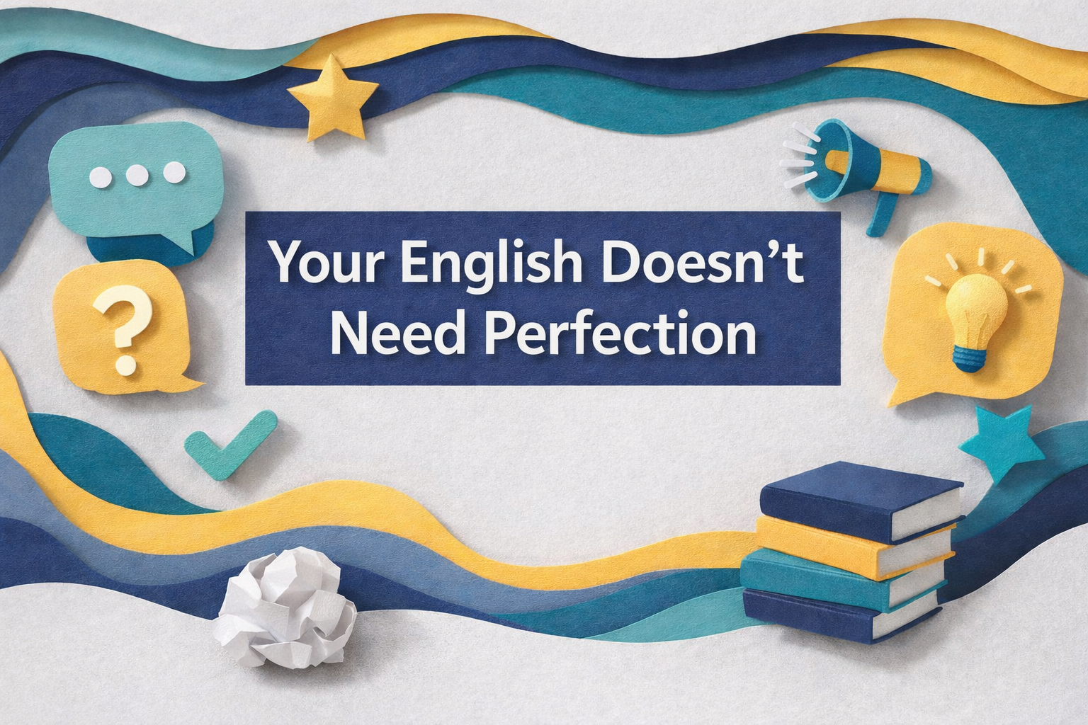 Wide 3D paper cut banner for Your English Doesn’t Need Perfection, showing speech bubbles, books, a megaphone, and layered communication icons in navy, soft gold, teal, and light gray, illustrating that English doesn’t need perfection to communicate clearly.