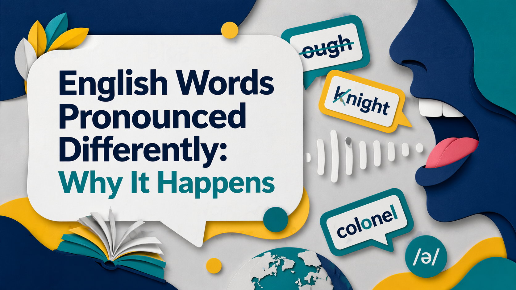 Wide 3D paper cut banner for English words pronounced differently, featuring layered speech bubbles, pronunciation examples, a speaking mouth, sound waves, and bold navy, gold, teal, and light gray branding.