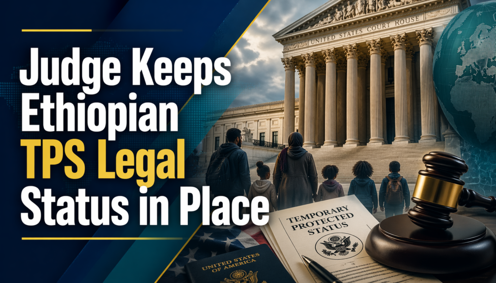 Wide news banner for Ethiopian TPS legal status, showing a U.S. court and immigration-related legal scene in a polished editorial style.