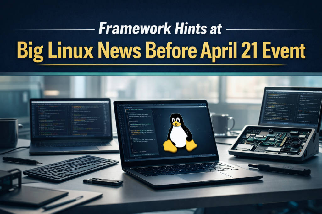 Wide tech news banner for the Framework linux event, showing a modern modular laptop setup with Linux-inspired visuals in a premium business editorial style.