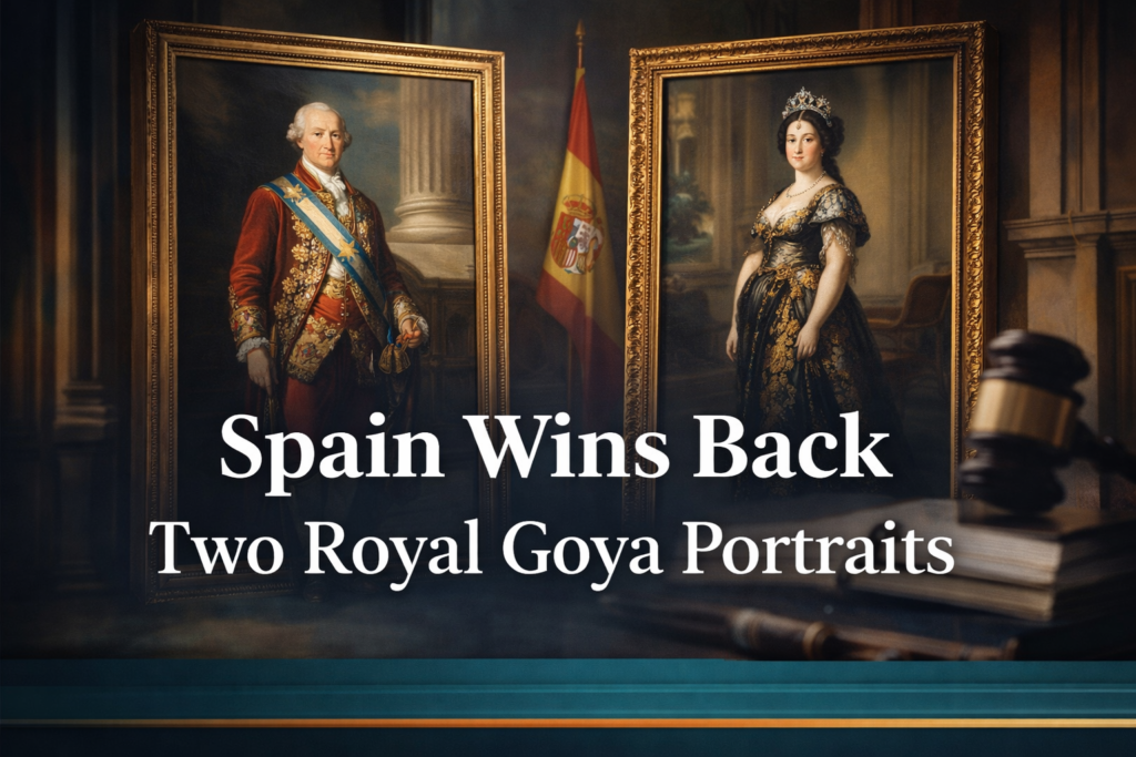 Wide editorial banner showing Goya portraits belong to Spain through royal paintings, museum imagery, and a dignified legal-cultural setting.
