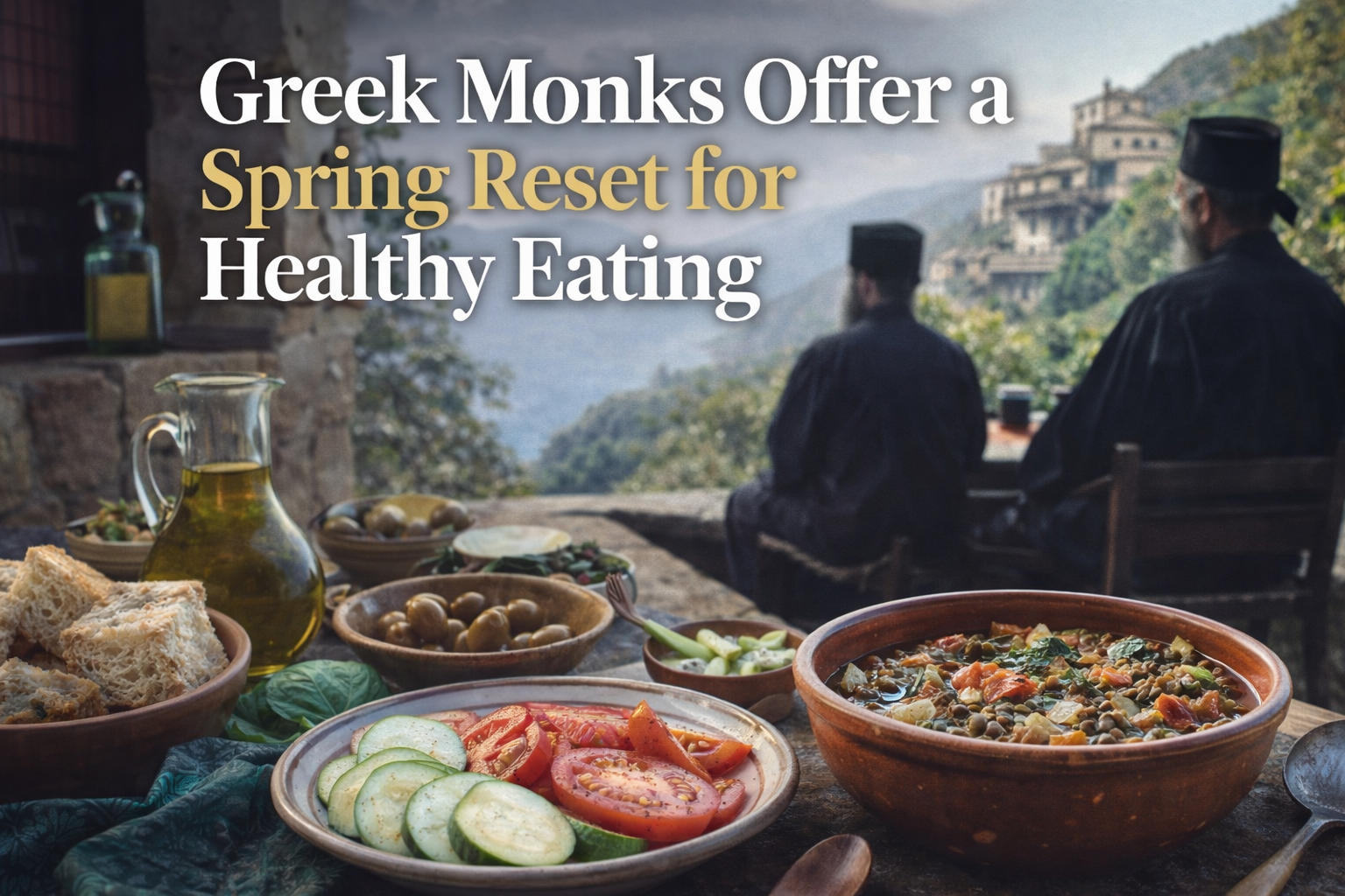 Wide health editorial banner showing Greek monks healthy eating habits through simple monastery meals, vegetables, legumes, and a calm spring wellness setting.