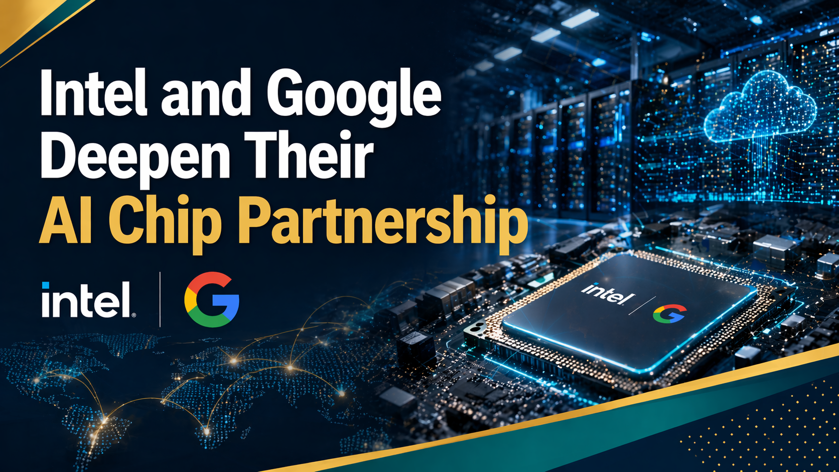 Wide banner for Intel Google AI partnership, showing an advanced AI infrastructure and semiconductor scene with chips, servers, and cloud computing visuals.