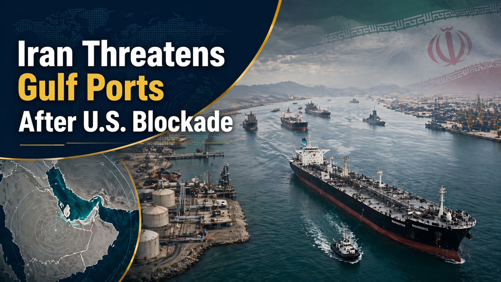 Wide energy and security news banner for Iran Gulf ports retaliation, showing Gulf shipping lanes, port infrastructure, and regional maritime tension in a premium editorial style.