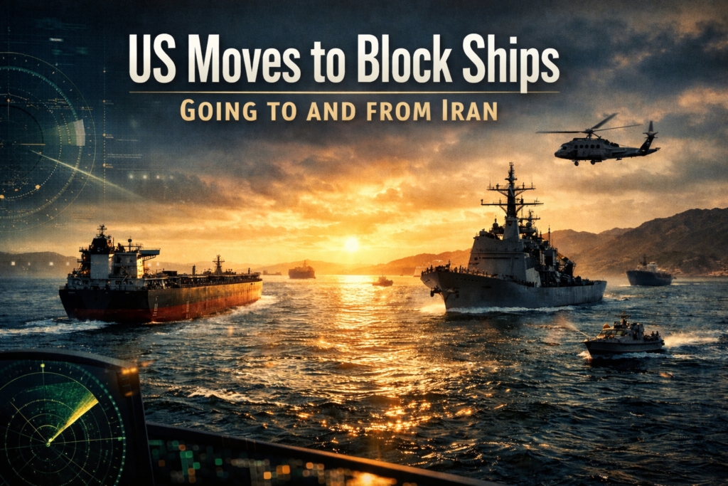 Wide news banner showing the Iran port blockade with oil tankers, naval tension, and a high-stakes shipping route in the Strait of Hormuz.