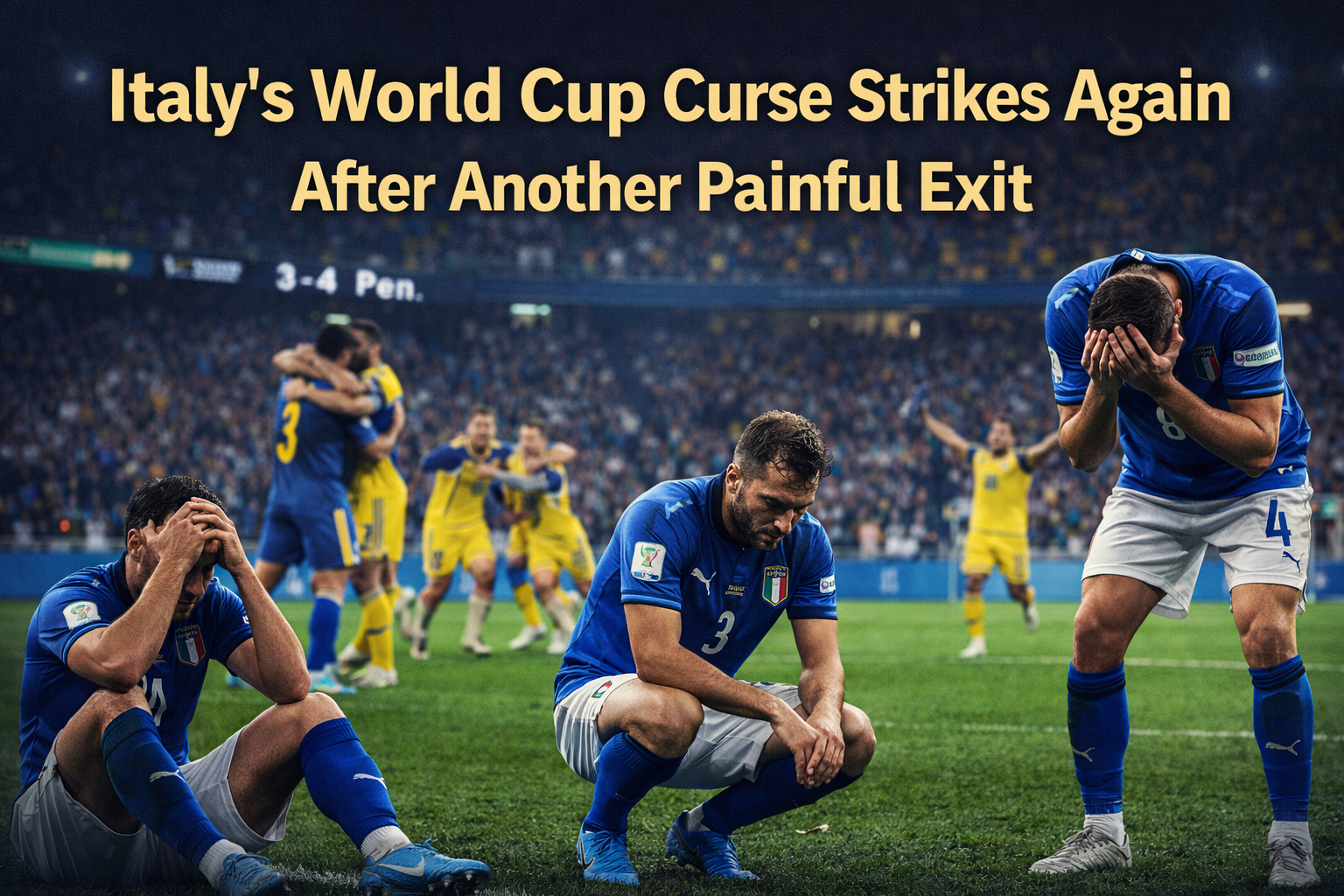 Wide banner showing the Italy World Cup curse with devastated Italian players after a painful football exit in a dramatic sports editorial scene.