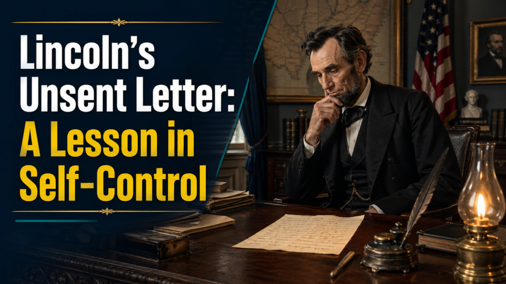 Wide historical leadership banner for Lincoln's unsent letter, showing a handwritten letter, desk, and thoughtful communication theme.