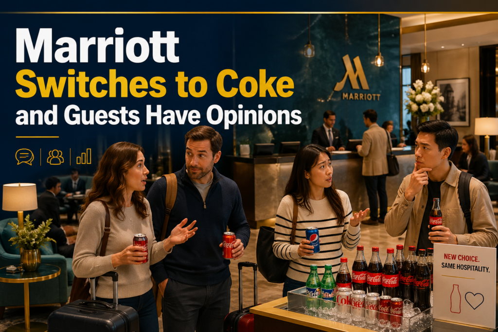 Wide travel business banner for Marriott switches to Coke, showing hotel guests reacting to a beverage brand change.