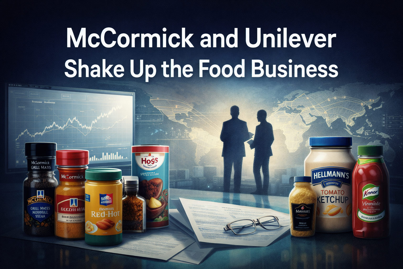 Wide business-news banner showing the McCormick Unilever food deal through a global packaged-food merger scene with condiments, spices, and corporate strategy visuals.