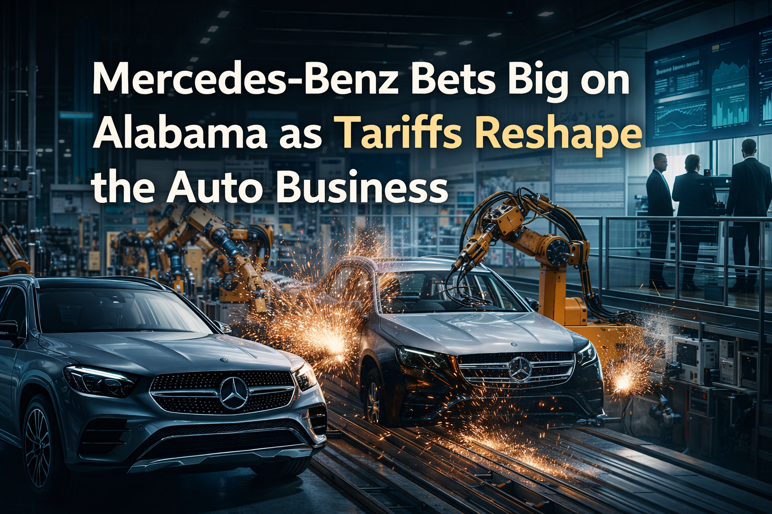 Wide banner showing a modern Mercedes-Benz production facility in Alabama as the Mercedes Alabama investment responds to tariffs and reshapes U.S. auto strategy.