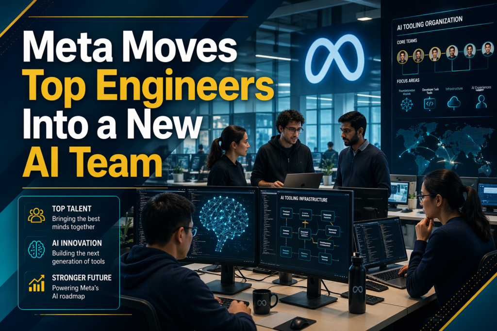 Wide technology news banner for Meta AI tooling team, showing engineers working with AI code, digital dashboards, and modern Big Tech office visuals.