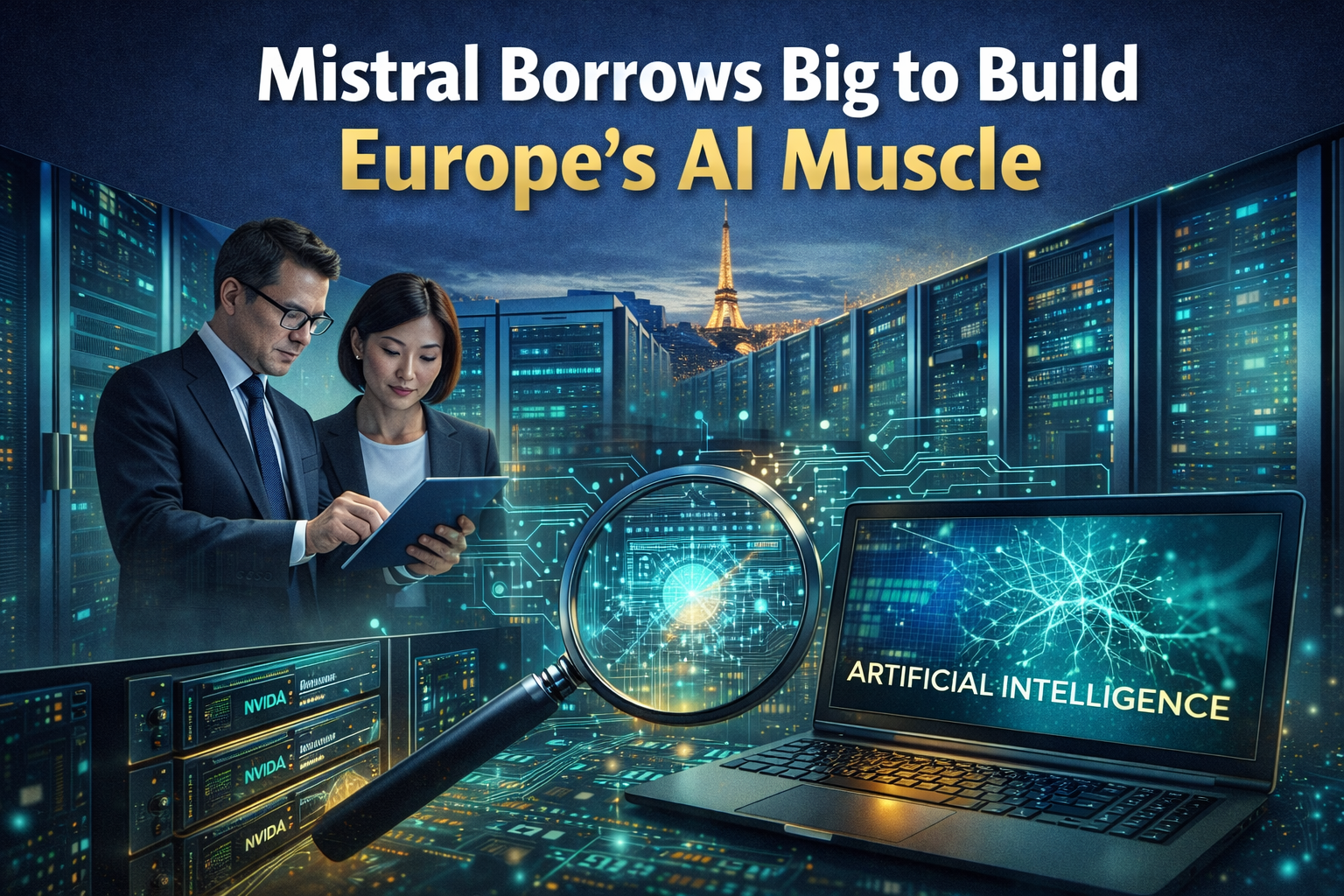Wide banner showing European AI infrastructure and data-centre visuals as the Mistral AI debt raise funds major computing expansion.