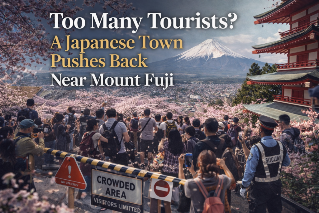 Wide travel-news banner illustrating Mount Fuji overtourism with cherry blossoms, crowded photo spots, and subtle crowd-control measures near a residential Japanese town.