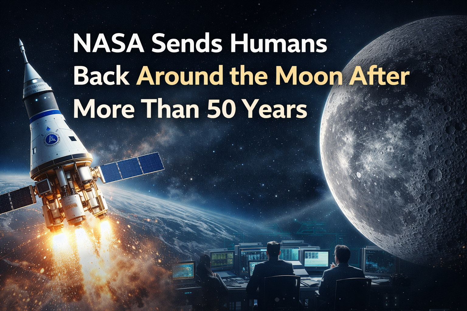 Wide banner showing NASA’s Artemis II flight around the moon, illustrating the historic NASA crewed lunar mission after more than 50 years.