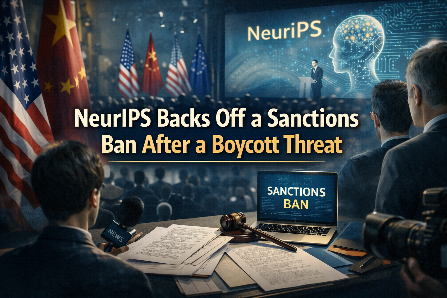 Wide technology-policy banner showing the NeurIPS sanctions reversal through an AI conference scene with research, policy tension, and global tech conflict visuals.