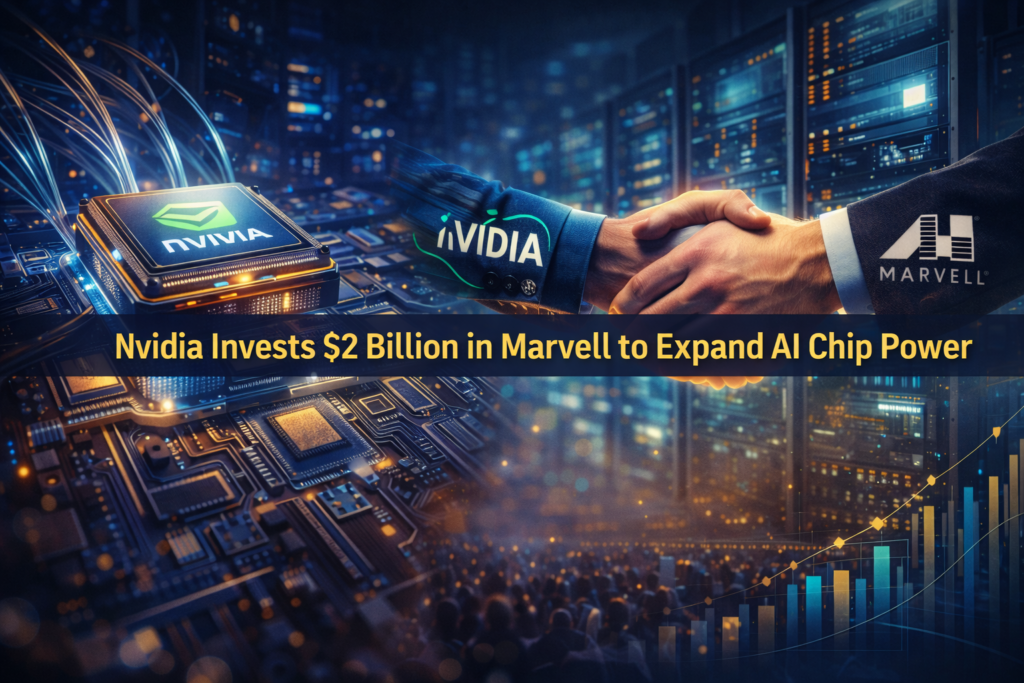 Wide banner showing the Nvidia Marvell partnership with AI chips, advanced data center technology, and a major investment-driven business theme.