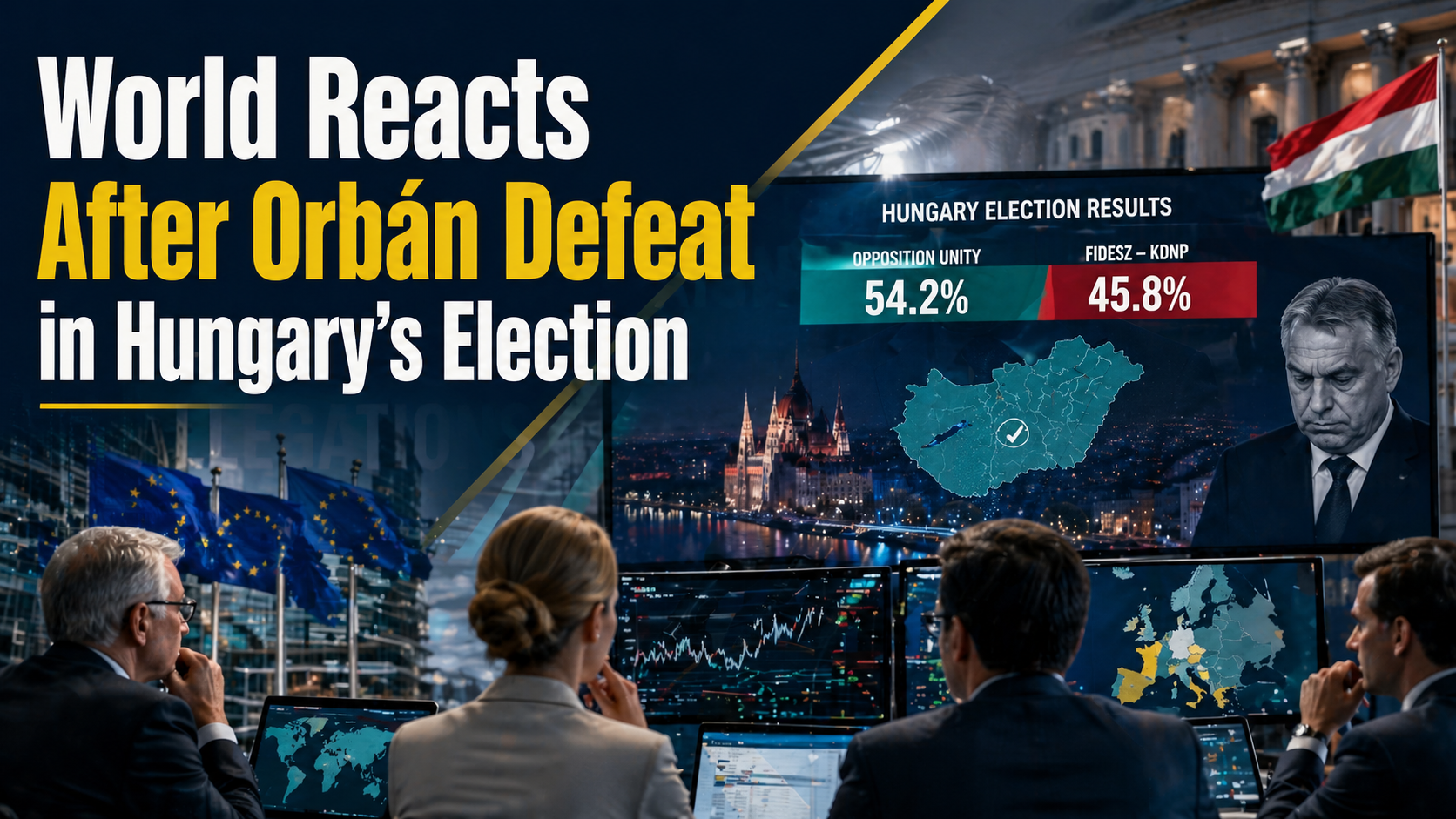 Wide global politics banner for Orbán defeat in Hungary, showing European election results, Hungary and EU visual cues, and international reaction.