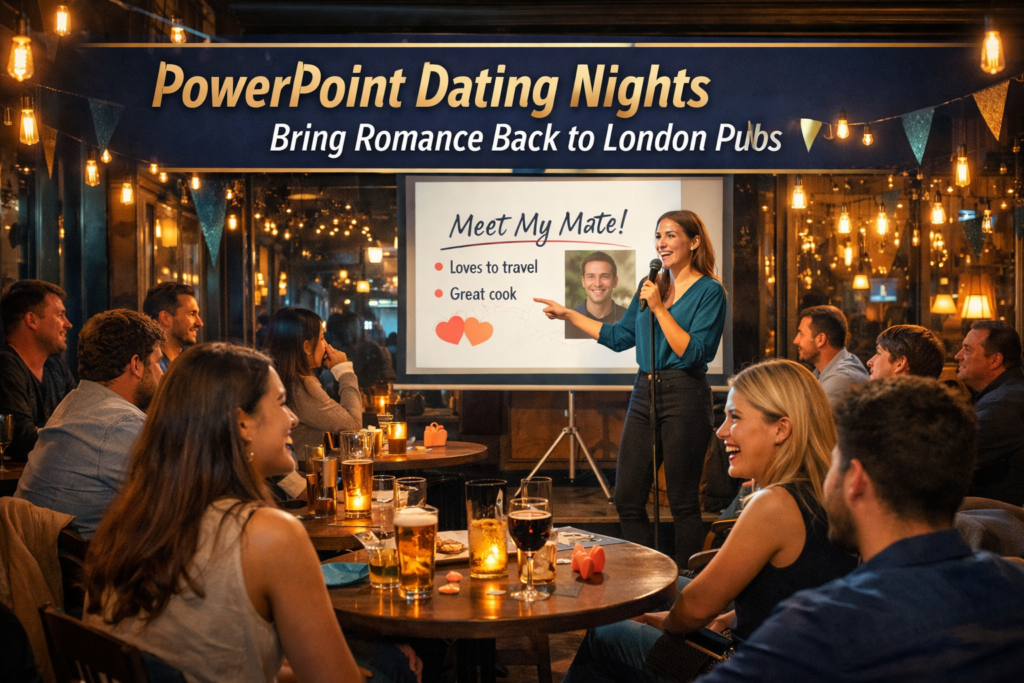 Wide editorial banner showing PowerPoint dating in London with a lively pub crowd, presentation screen, and modern matchmaking atmosphere.