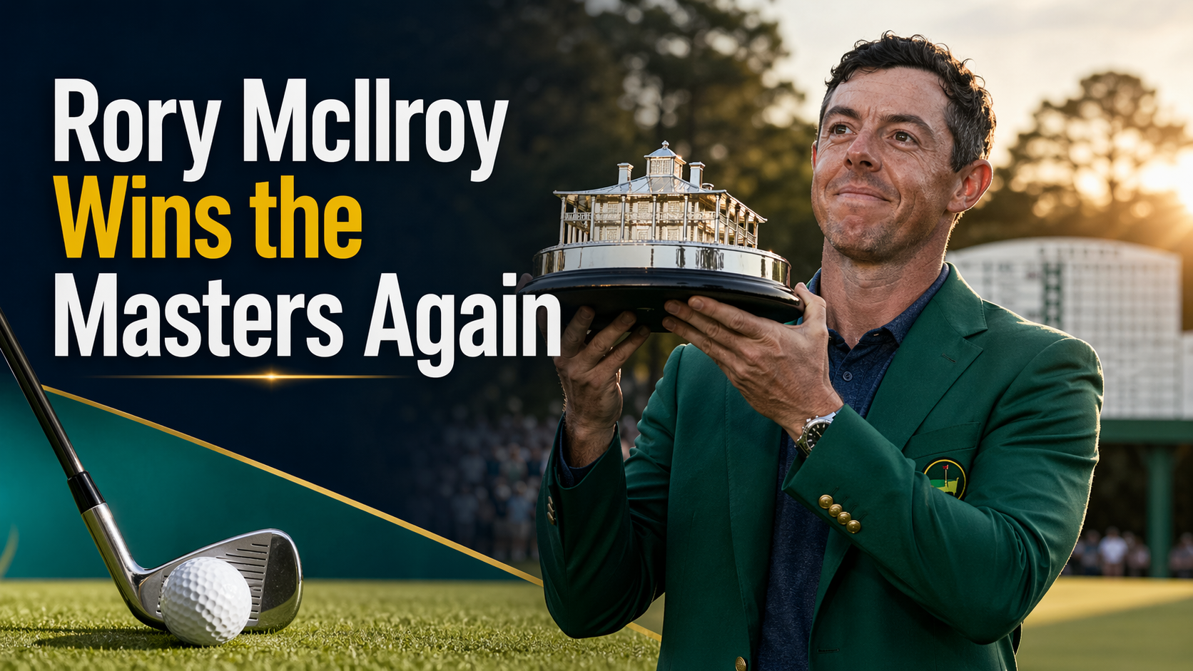 Wide sports news banner for Rory McIlroy Masters victory, showing a professional golfer celebrating on a golf course with trophy and green jacket visuals.