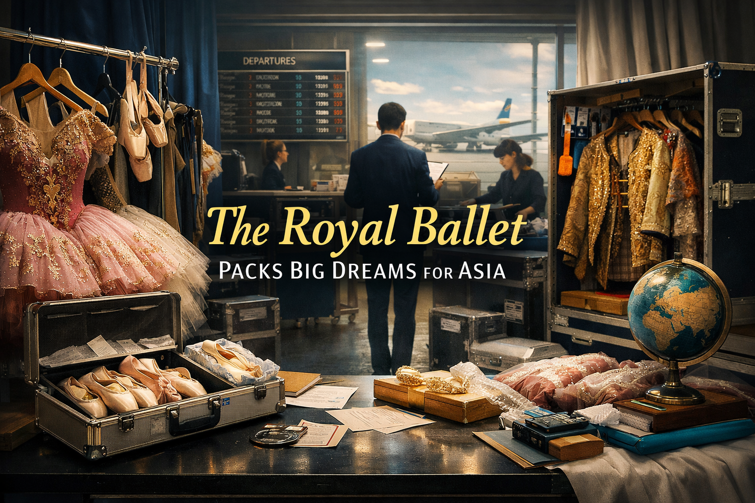 Wide banner showing the Royal Ballet Asia tour with costumes, pointe shoes, and backstage packing for a major international performance in Asia.